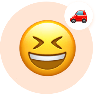Smiley face laughing and thinking about car.