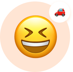 Smiley face laughing and thinking about car.
